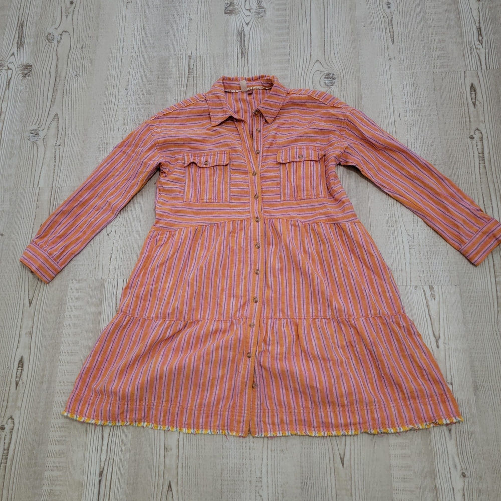 Pilcro Deanne Linen Blend Tiered Long Sleeve Striped Mini Shirt Dress Small